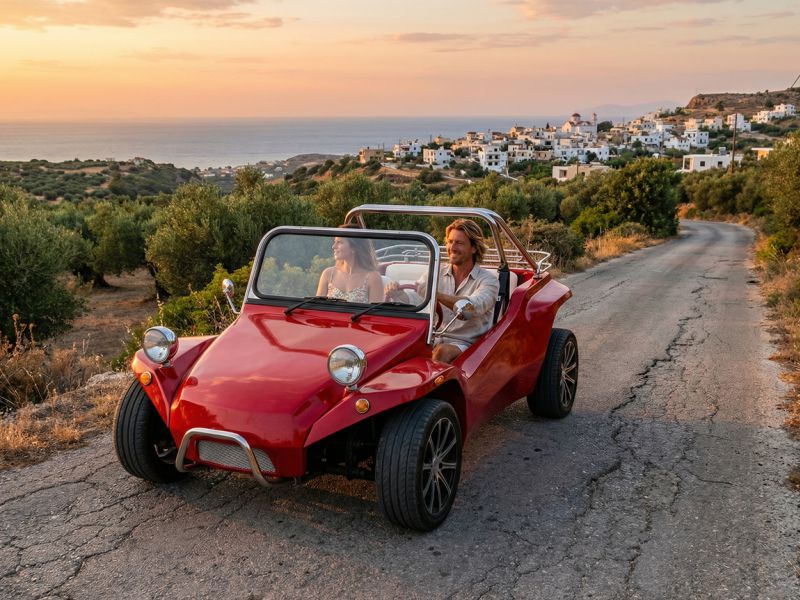 Couple exploring Crete in a red Beach Buggy 1100cc
