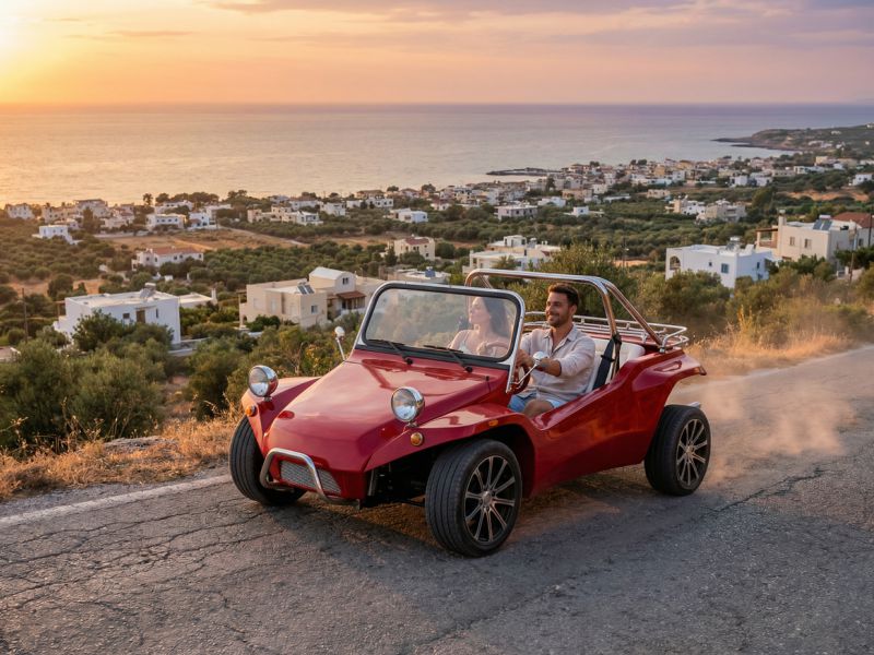 A couple enjoying a scenic sunset drive in a Beach Buggy 800cc