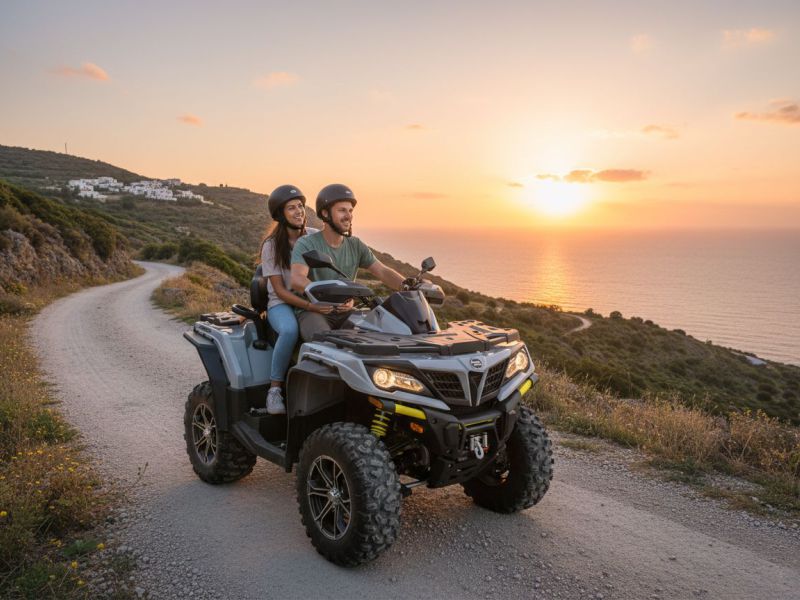 Couple riding a rental ATV on a coastal road in Crete at sunset