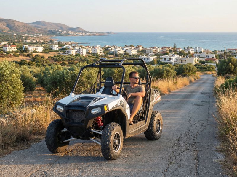 A white Polaris RZR 570cc navigating a scenic coastal road in Crete