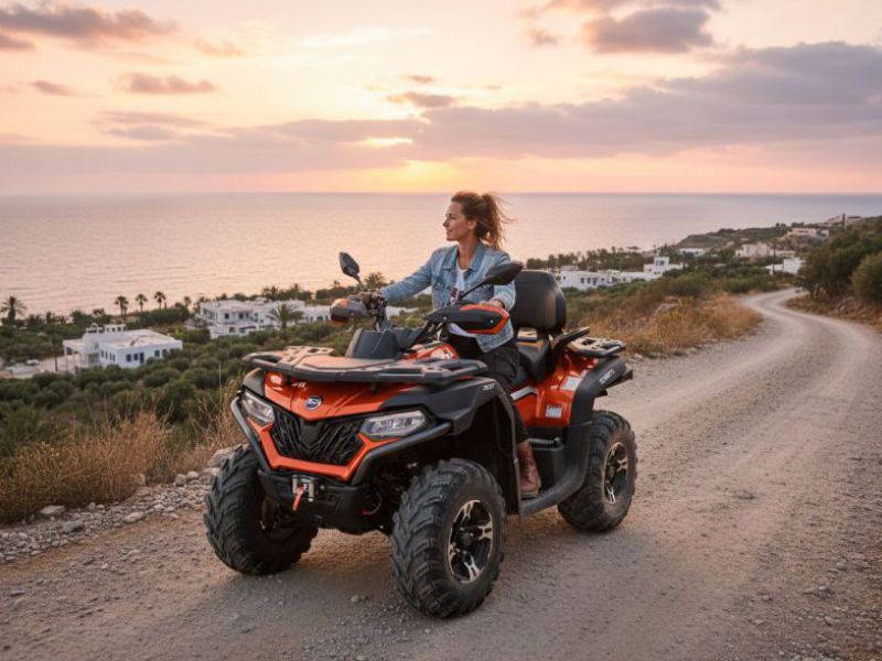 Woman exploring Crete on a rental ATV along a scenic coastal road with ocean view